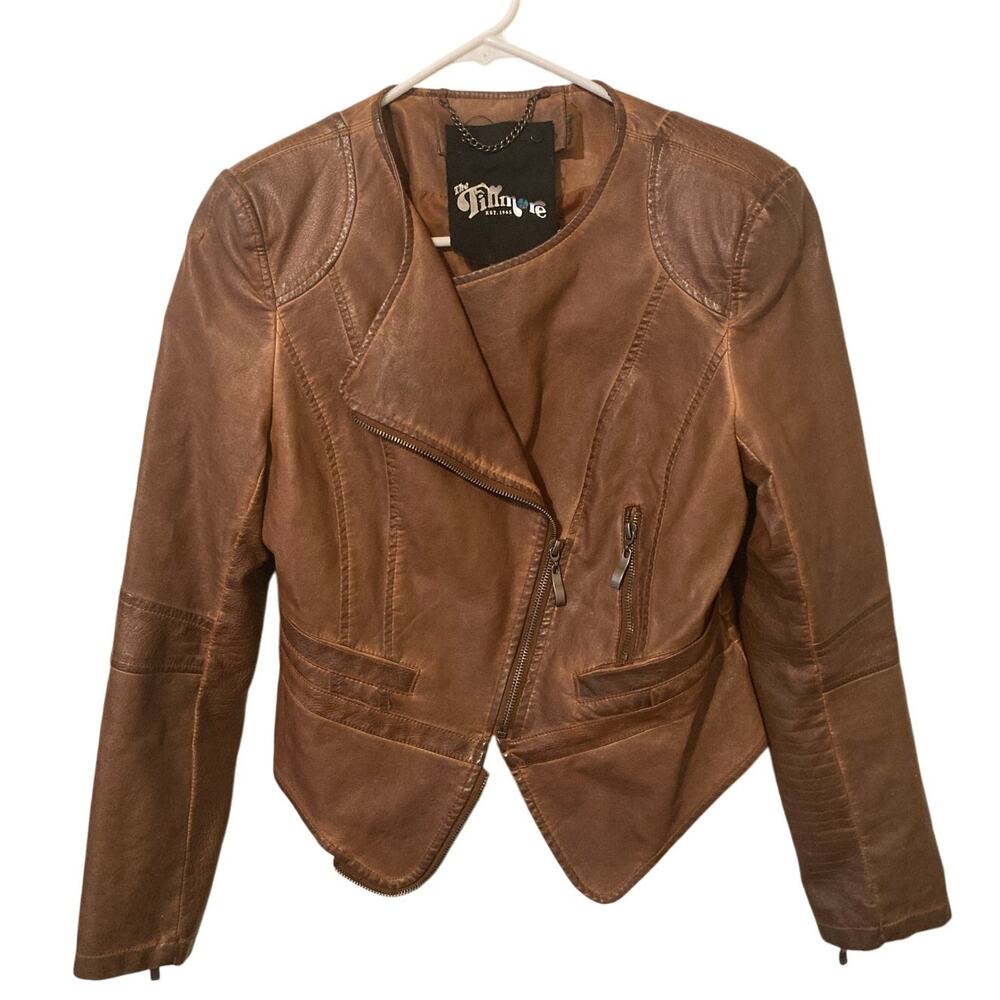 The Fillmore Faux Leather Cropped Women's Biker Jacket  Coat Brown, Size M